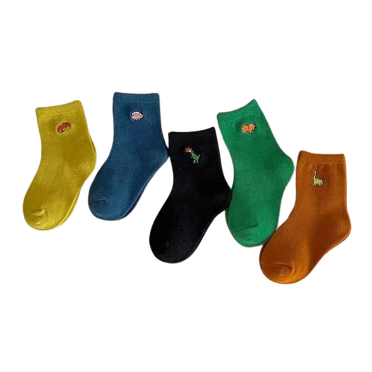 1066 Boys' High-Cut Cotton Socks with Tiny Dinosaurs – Soft, Comfy & Stylish | 5-Pack | Ages 1–8