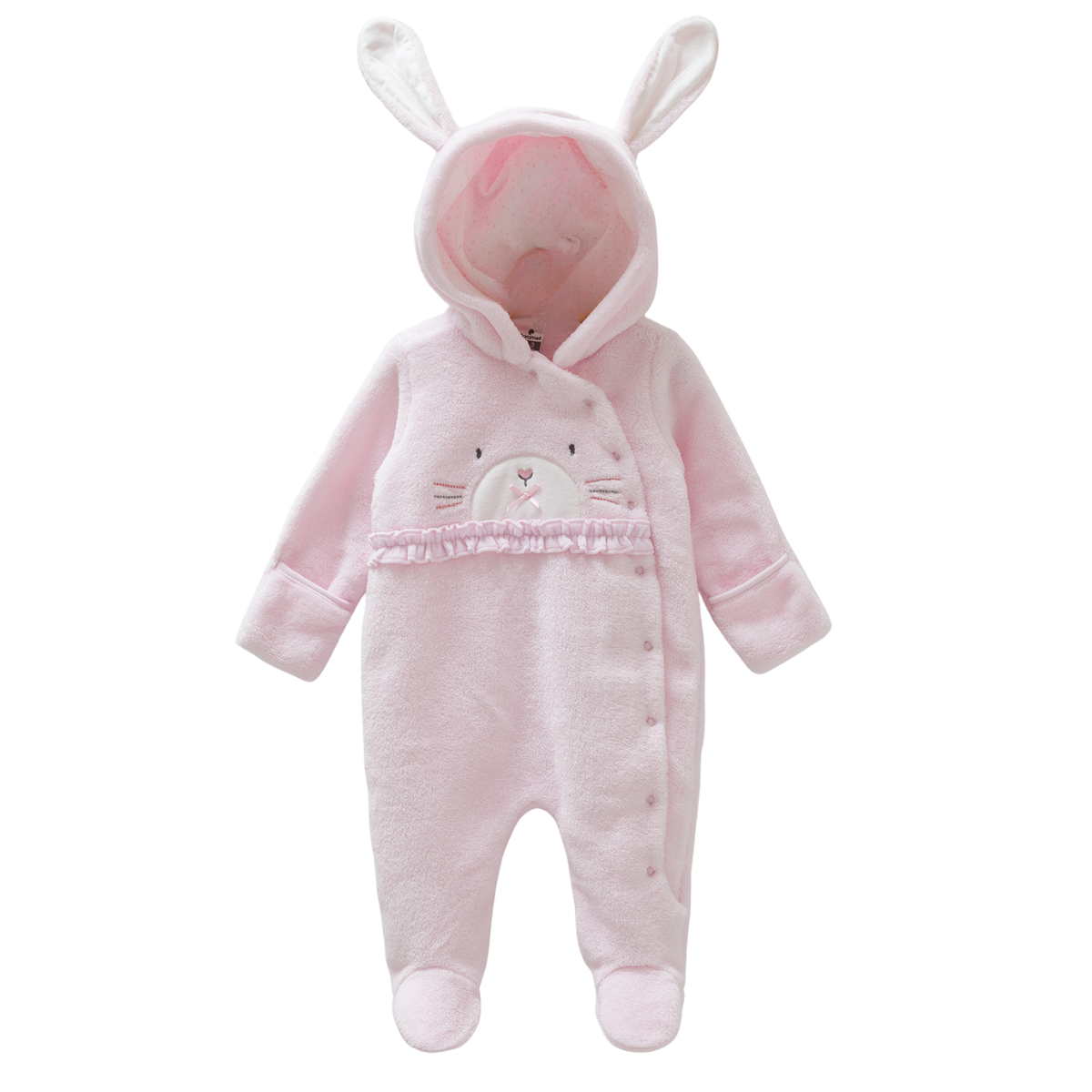 8424 Caramell Baby Girl Plush Jumpsuit with Hood & Bunny Ears – Closed Feet | Sizes 0–9 Months | Made in Turkey