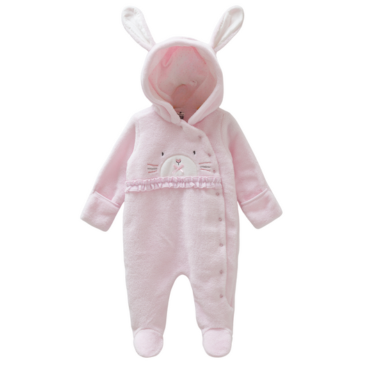 8424 Caramell Baby Girl Plush Jumpsuit with Hood & Bunny Ears – Closed Feet | Sizes 0–9 Months | Made in Turkey