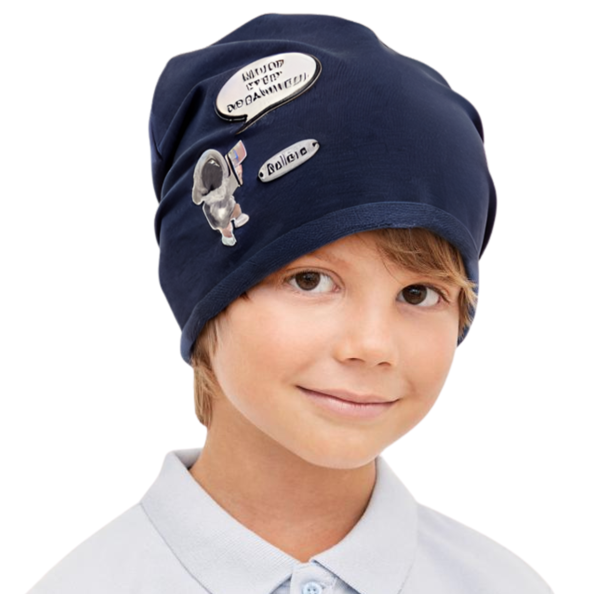 Kids cotton beanie hat with cuff – astronaut holding flag space patch design, slouchy fit for boys ages 2.5–6, size 52–54