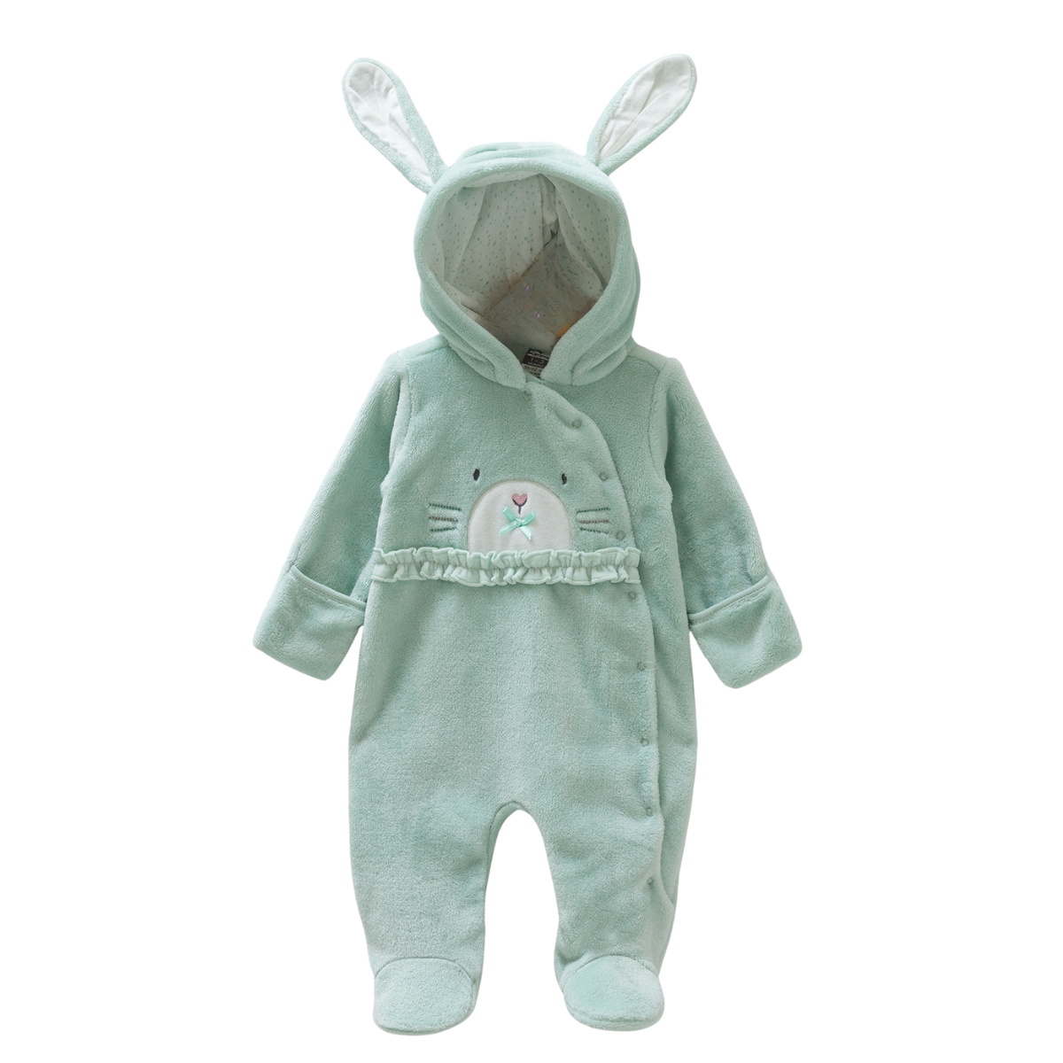 8424 Caramell Baby Girl Plush Jumpsuit with Hood & Bunny Ears – Closed Feet | Sizes 0–9 Months | Made in Turkey
