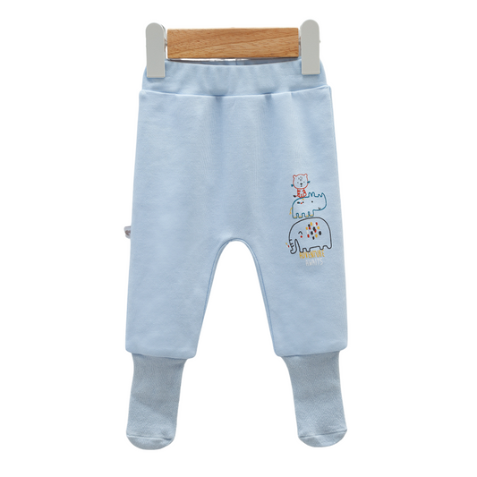 8212 Newborn Baby Boy Footed Pants with Knitted Bottom – Beige with "Happy" Animal Print | 100% Cotton | 0–6M | Turkey