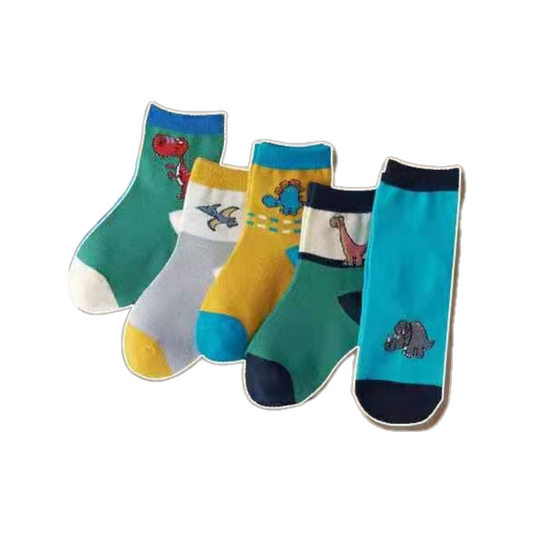 2108 🦕 Boys' High-Cut Cotton Socks with Fun Dinosaurs – Colorful, Soft & Playful | 5-Pack | Ages 1–8