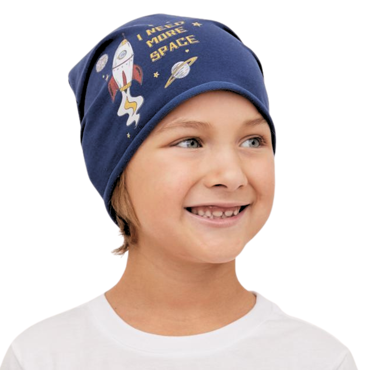 90923 Kids' Cotton Beanie Hat – "I Need More Space" Rocket Print | Size 52–54 | Ages 2.5–6 Y | Boys' Slouchy Cap for Spring & Fall