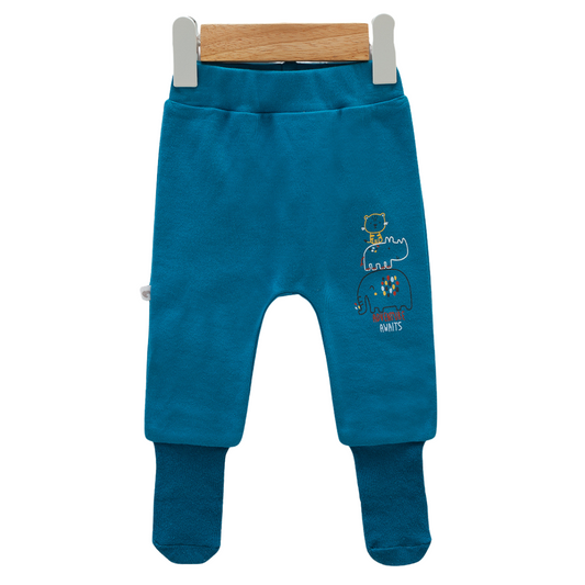 8212 Newborn Baby Boy Footed Pants with Knitted Bottom – Beige with "Happy" Animal Print | 100% Cotton | 0–6M | Turkey