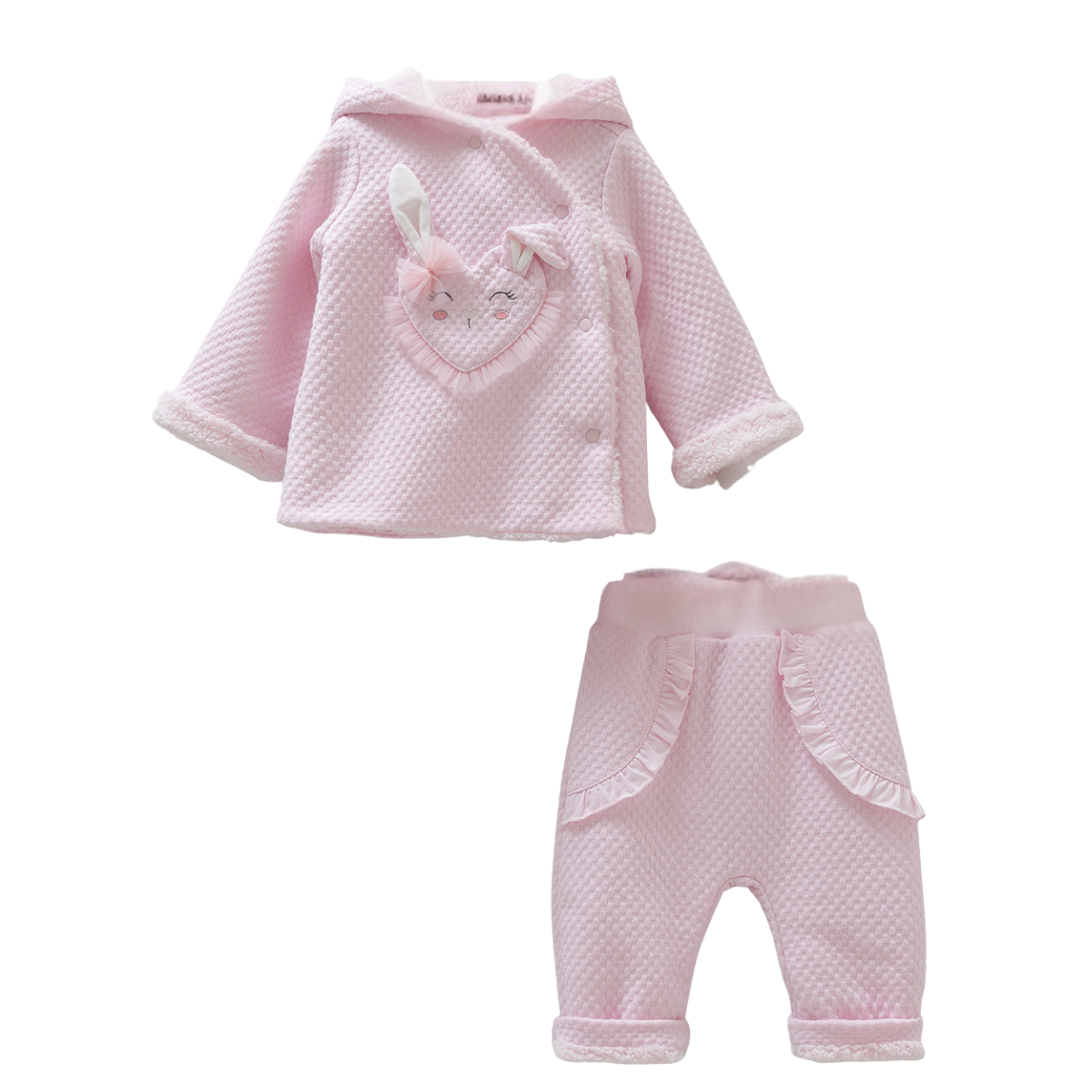 8356 Caramell Baby Girl Plush Demi-Season 2-Piece Set – Hooded Jacket & Ruffle Pants | Sizes 6–18 Months | Made in Turkey
