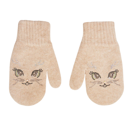 11457  Kids Girls’ Winter Mittens | Double-Layer | Cat Face Design | Wool & Cashmere | Ages 2–6