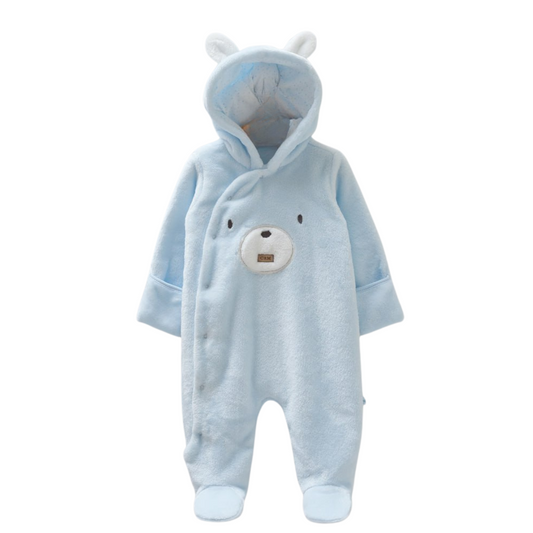 8402 Plush Baby Boy  Hooded Jumpsuit – Blue with Cute Bear Design | Cotton, Plush Lining | Sizes 3–9 Months | Made in Turkey