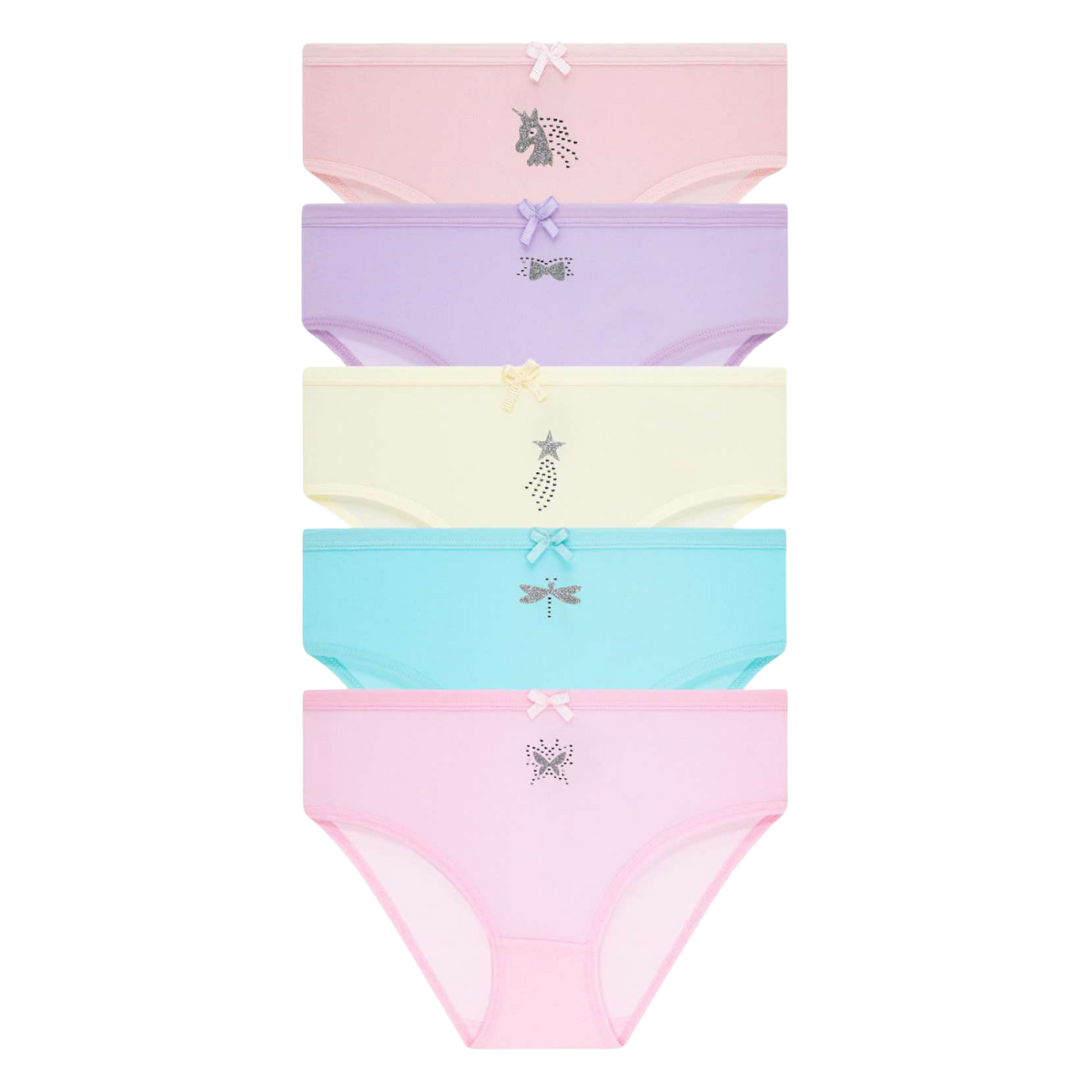 1081 Girls' Cotton Underwear – Soft, Stretchy & Comfortable with Rhinestone Motifs | 95% Cotton, 5% Elastane | 5-Pack (Random Pastel Colors) | Ages 1–16 | Made in Turkey by BIYO Kids