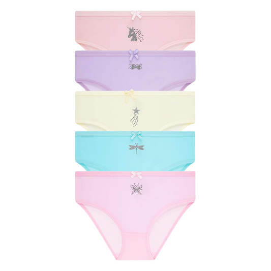 1081 Girls' Cotton Underwear – Soft, Stretchy & Comfortable with Rhinestone Motifs | 95% Cotton, 5% Elastane | 5-Pack (Random Pastel Colors) | Ages 1–16 | Made in Turkey by BIYO Kids