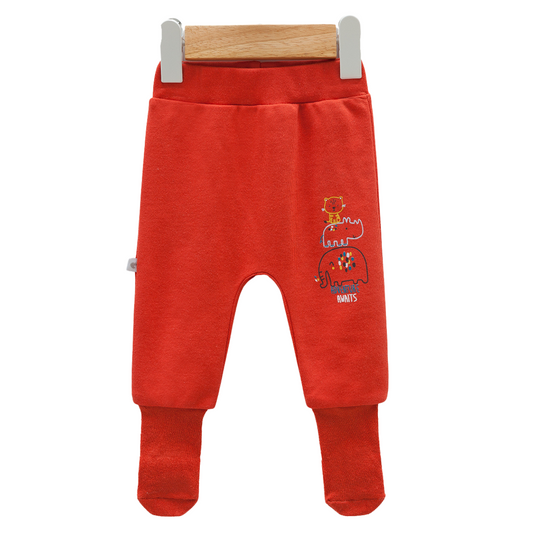 8212 Newborn Baby Boy Footed Pants with Knitted Bottom – Beige with "Happy" Animal Print | 100% Cotton | 0–6M | Turkey