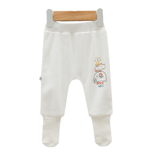 8212 Newborn Baby Boy Footed Pants with Knitted Bottom – Beige with "Happy" Animal Print | 100% Cotton | 0–6M | Turkey