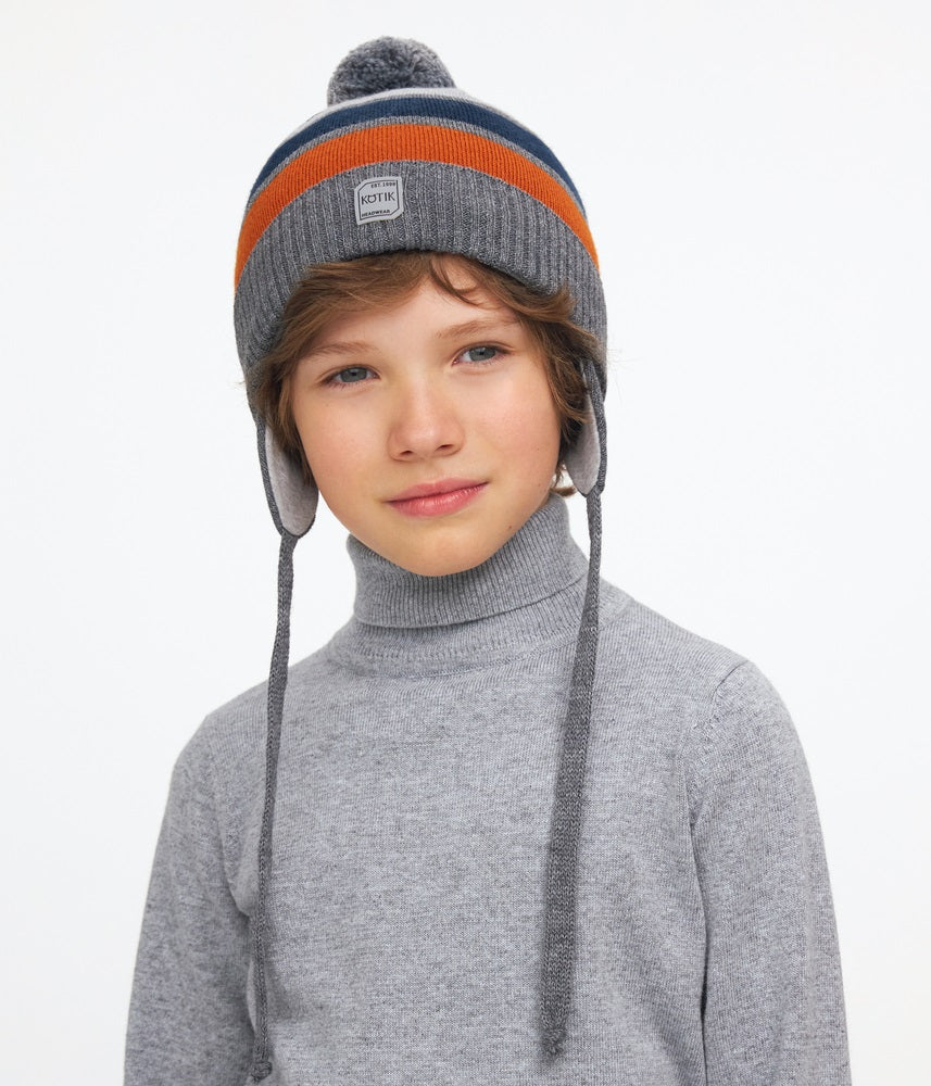 11015 Boys’ Knitted Euro Winter Hat with Earflaps, Colorful Stripes & Pom-Pom – Wool Blend | Sizes 54–56 | Ages 6–12