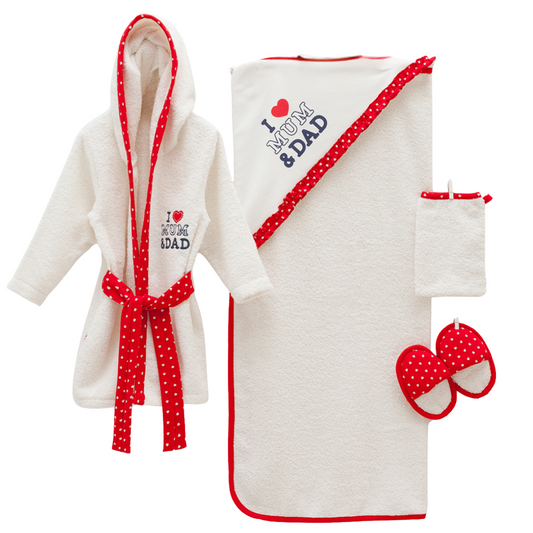 7684 Terry Baby Girl Bath Set 4-Piece “I ♥ Mum & Dad” – Hooded Robe (from 9–24 M), Hooded Towel, Slippers & Wash Mitt | 100% Cotton | Ages 0–2 Years | Made in Turkey | Perfect Gift