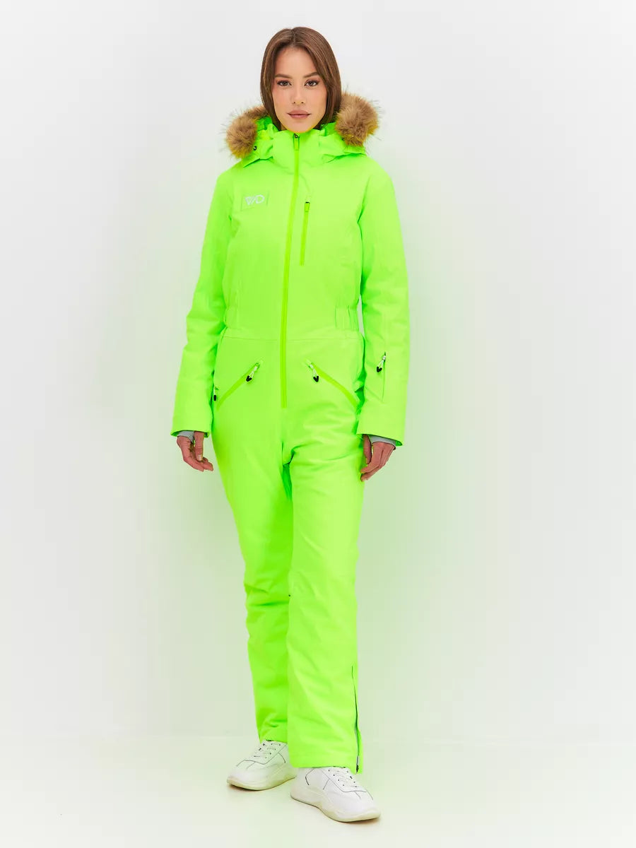 184313618 WHSROMA | Professional Ski Jumpsuit for Tall Teen Girls & Women | Neon Green with Faux Fur Hood | For Sports & Family Winter Activities | Up to −30°C (−22°F)
