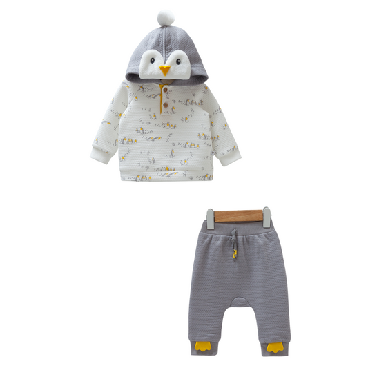 8325 Caramell Baby Boys 2-Piece Set – Penguin Hoodie & Grey Pants | 0–12 Months | Cotton | Turkey