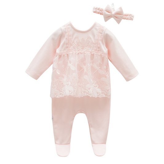 6832 Caramell Baby Girl Romper with Lace & Headband | Dressy & Everyday | 0–9M | 100% Cotton