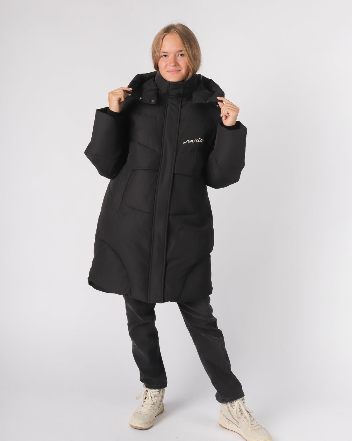 Anernuo Girls’ Black Winter Jacket with Natural Fur Hood & Fox Design | Sizes 146–164 (11–15 Years) | Thinsulate Insulation | Fleece Lining | Knee-Length | Up to –35 °C