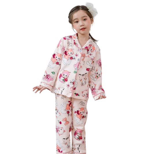 3038 Girls' Mid-Season Pajama Set – Cotton Long Sleeve Button-Up Top & Pants with Cute Kitten Print | Sizes 90–130 cm