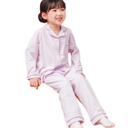 3019 Girls' Mid-Season Pajama Set – Solid Color Cotton Long Sleeve Button-Up Top & Pants | Sizes 110–134 cm
