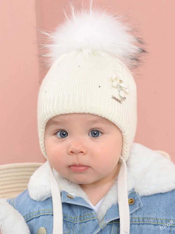 2358 Baby Girls’ Winter Knit Hat for Newborns with Pom-Pom and Ties | 0–1 Month | Cotton Lining