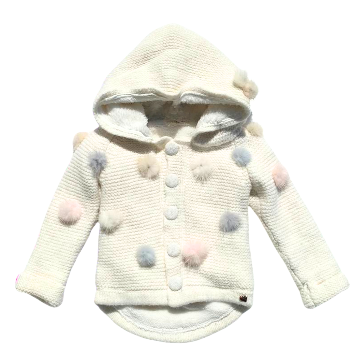 3013 Knitted Baby Girl Hoodie with Plush Lining and Pom-Poms | White | 6–12 Months | Made in Turkey