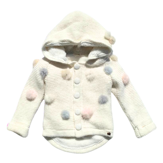 3013 Knitted Baby Girl Hoodie with Plush Lining and Pom-Poms | White | 6–12 Months | Made in Turkey