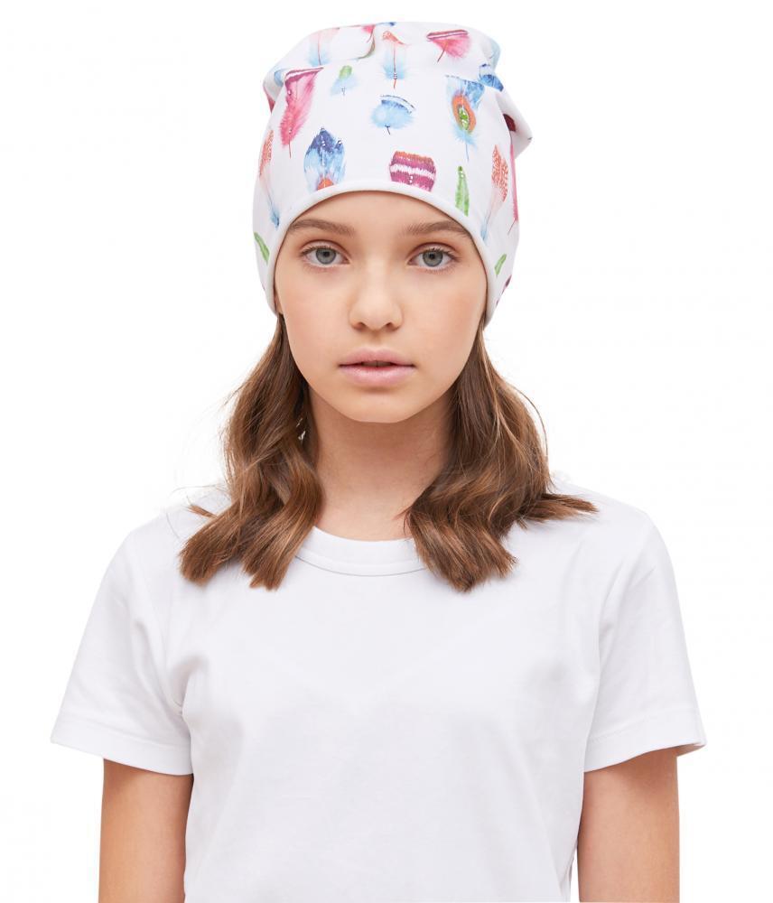81136 Girls' Beanie with Watercolor Feather Print 🌈 Cotton Blend | Size 54–56 | Ages 6–12 | Spring & Summer