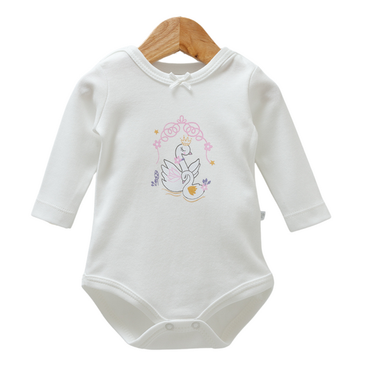 8525 Caramell Newborn Baby Girl Bodysuit with Long Sleeves – "Swan" Print | 100% Cotton | Turkey | Sizes 0–9M