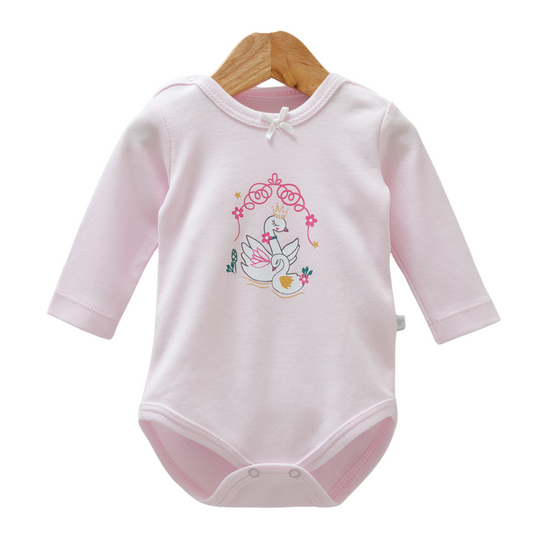 8525 Caramell Newborn Baby Girl Bodysuit with Long Sleeves – "Swan" Print | 100% Cotton | Turkey | Sizes 0–9M