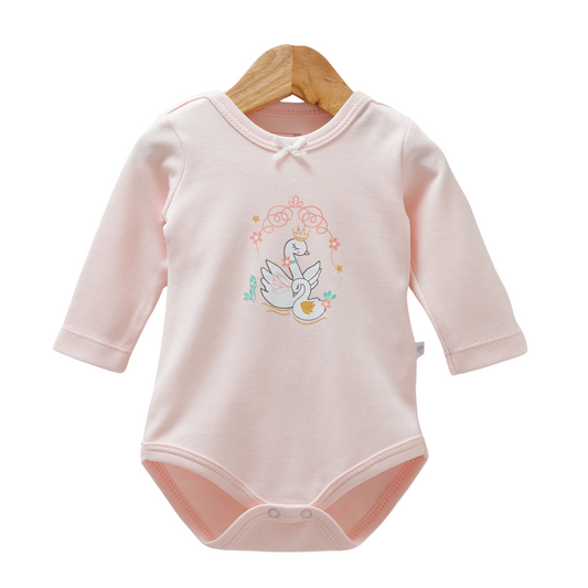 8525 Caramell Newborn Baby Girl Bodysuit with Long Sleeves – "Swan" Print | 100% Cotton | Turkey | Sizes 0–9M