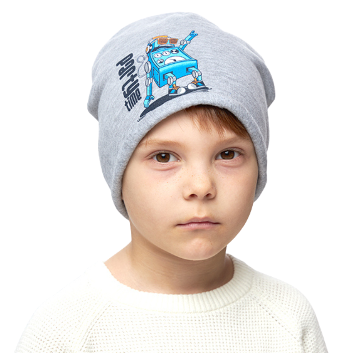 robot print fleece hat, toddler cotton beanie with fleece, party time robot kids hat, grey fleece lined beanie for boys, boys warm spring beanie