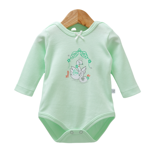 8525 Caramell Newborn Baby Girl Bodysuit with Long Sleeves – "Swan" Print | 100% Cotton | Turkey | Sizes 0–9M