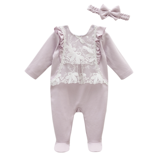 6833 Caramell Baby Girl Romper with Lace & Headband | Dressy & Everyday | 0–9M | 100% Cotton