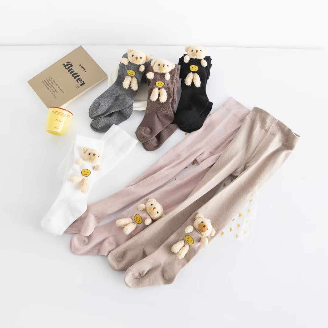 6106 Girls' Cotton Tights -Plush Bear Toy | Spring–Fall | 6 Colors | Ages 2–10 Years