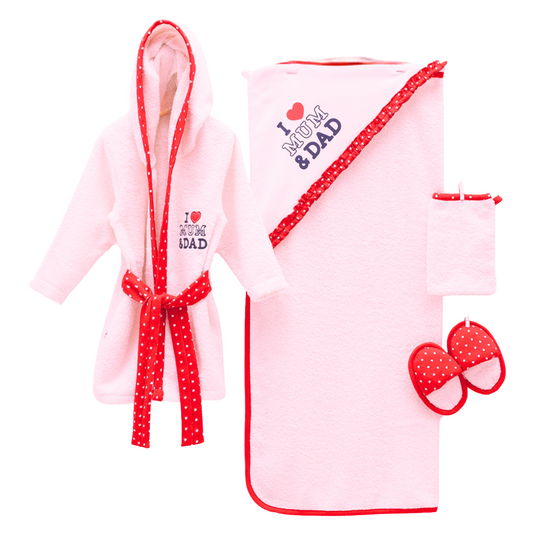 7684 Terry Baby Girl Bath Set 4-Piece “I ♥ Mum & Dad” – Hooded Robe (from 9–24 M), Hooded Towel, Slippers & Wash Mitt | 100% Cotton | Ages 0–2 Years | Made in Turkey | Perfect Gift