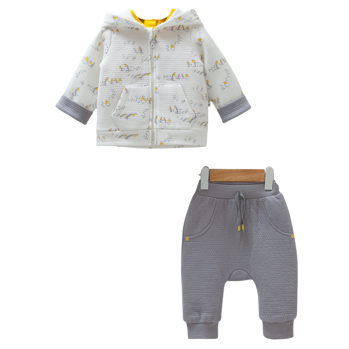 8326 Caramell Baby Boys’ 3-Piece Set – Penguin Hoodie, T-Shirt & Grey Pants | 0–12 Months | Cotton | Turkey