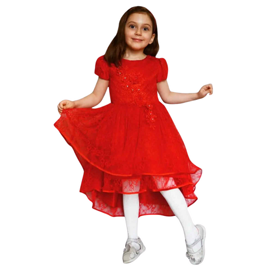 325189 Red Party Dress for Girls — Asymmetric Layered Skirt, Short Sleeves & 100% Cotton Lining | Ages 4–7