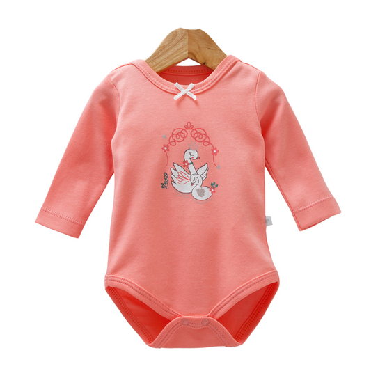 8525 Caramell Newborn Baby Girl Bodysuit with Long Sleeves – "Swan" Print | 100% Cotton | Turkey | Sizes 0–9M