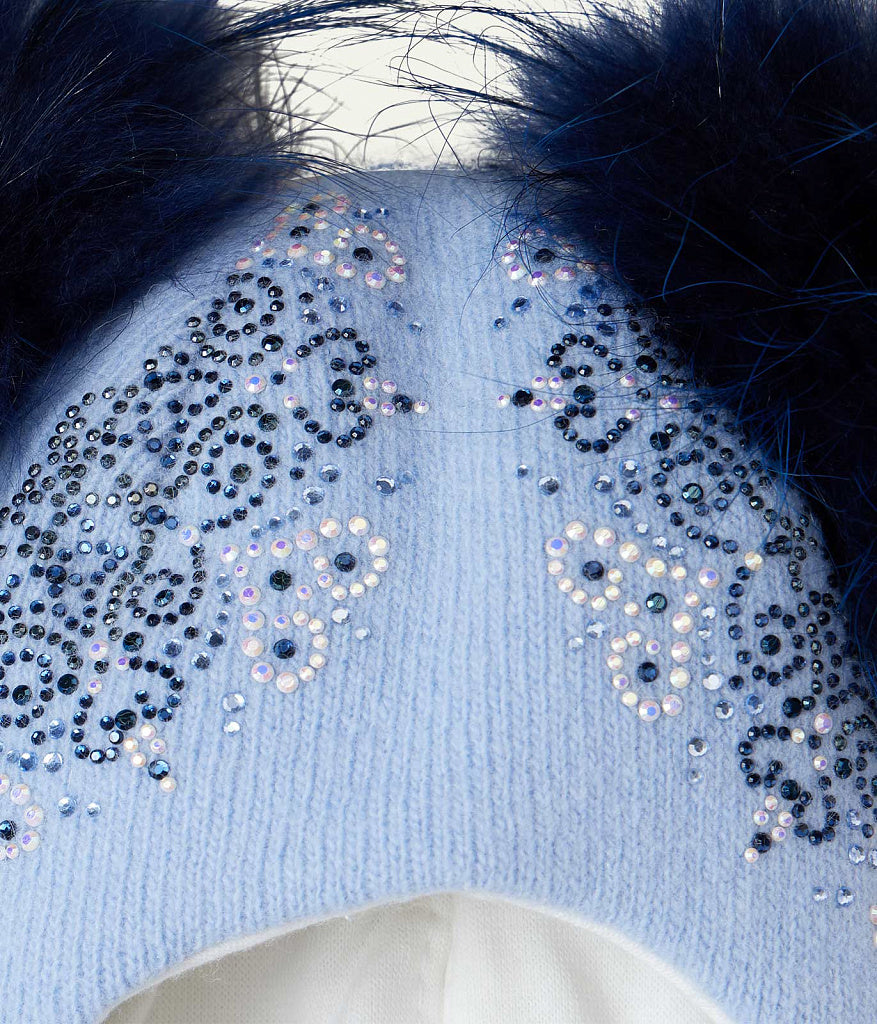 70384 Girls’ Winter Knitted Balaclava with Two Natural Fur Pom-Poms & Rhinestone Design | 50–52, 52–54, 54–55 cm | Ages 18–30M, 3–4, 5–6 Years