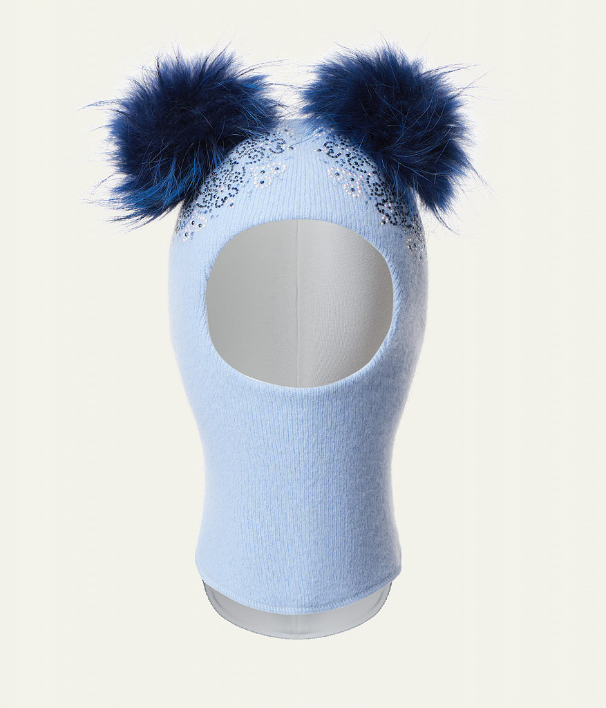 70384 Girls’ Winter Knitted Balaclava with Two Natural Fur Pom-Poms & Rhinestone Design | 50–52, 52–54, 54–55 cm | Ages 18–30M, 3–4, 5–6 Years