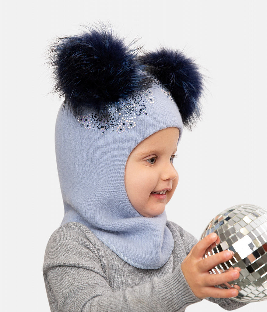 70384 Girls’ Winter Knitted Balaclava with Two Natural Fur Pom-Poms & Rhinestone Design | 50–52, 52–54, 54–55 cm | Ages 18–30M, 3–4, 5–6 Years