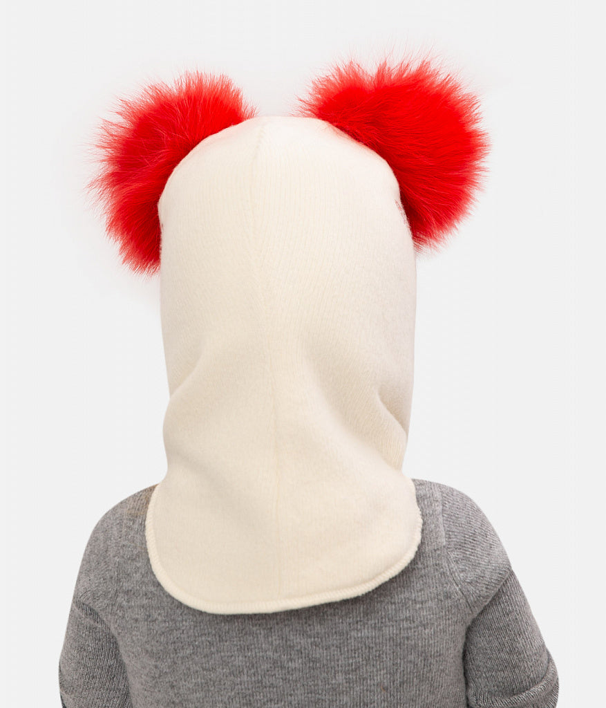 70384 Girls’ Winter Knitted Balaclava with Two Natural Fur Pom-Poms & Rhinestone Design | 50–52, 52–54, 54–55 cm | Ages 18–30M, 3–4, 5–6 Years