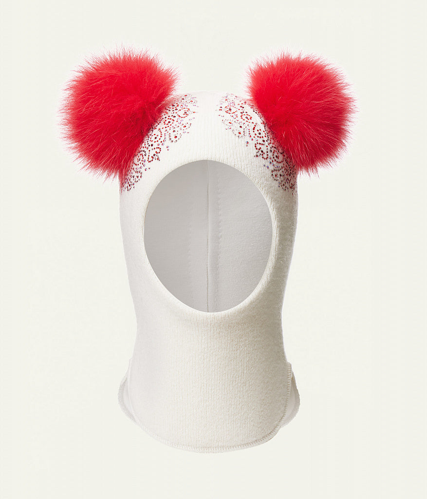 70384 Girls’ Winter Knitted Balaclava with Two Natural Fur Pom-Poms & Rhinestone Design | 50–52, 52–54, 54–55 cm | Ages 18–30M, 3–4, 5–6 Years