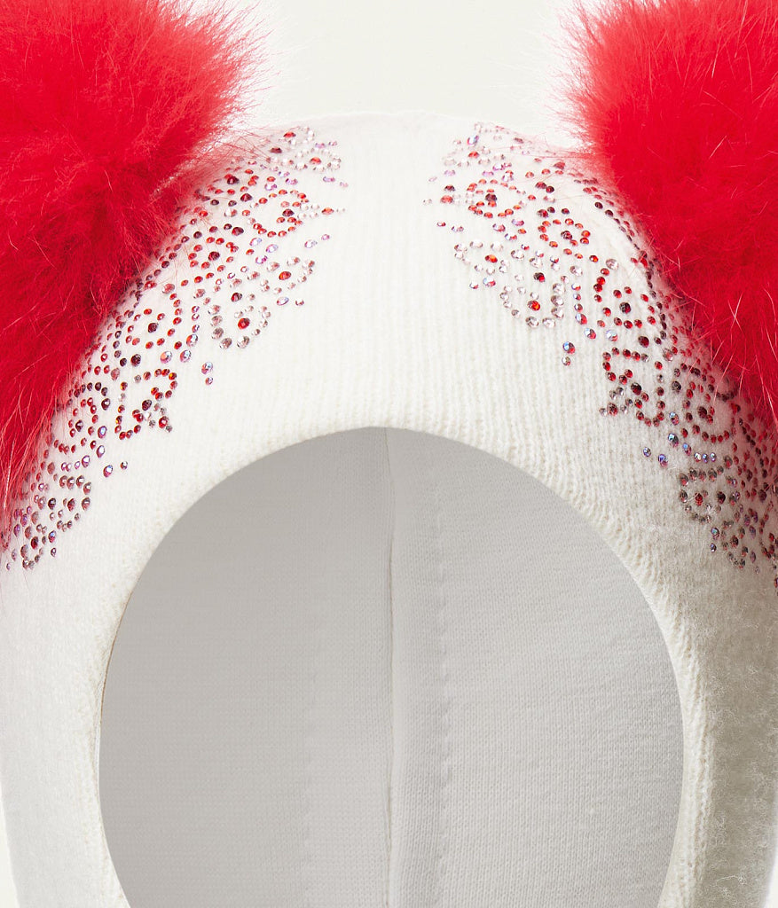 70384 Girls’ Winter Knitted Balaclava with Two Natural Fur Pom-Poms & Rhinestone Design | 50–52, 52–54, 54–55 cm | Ages 18–30M, 3–4, 5–6 Years