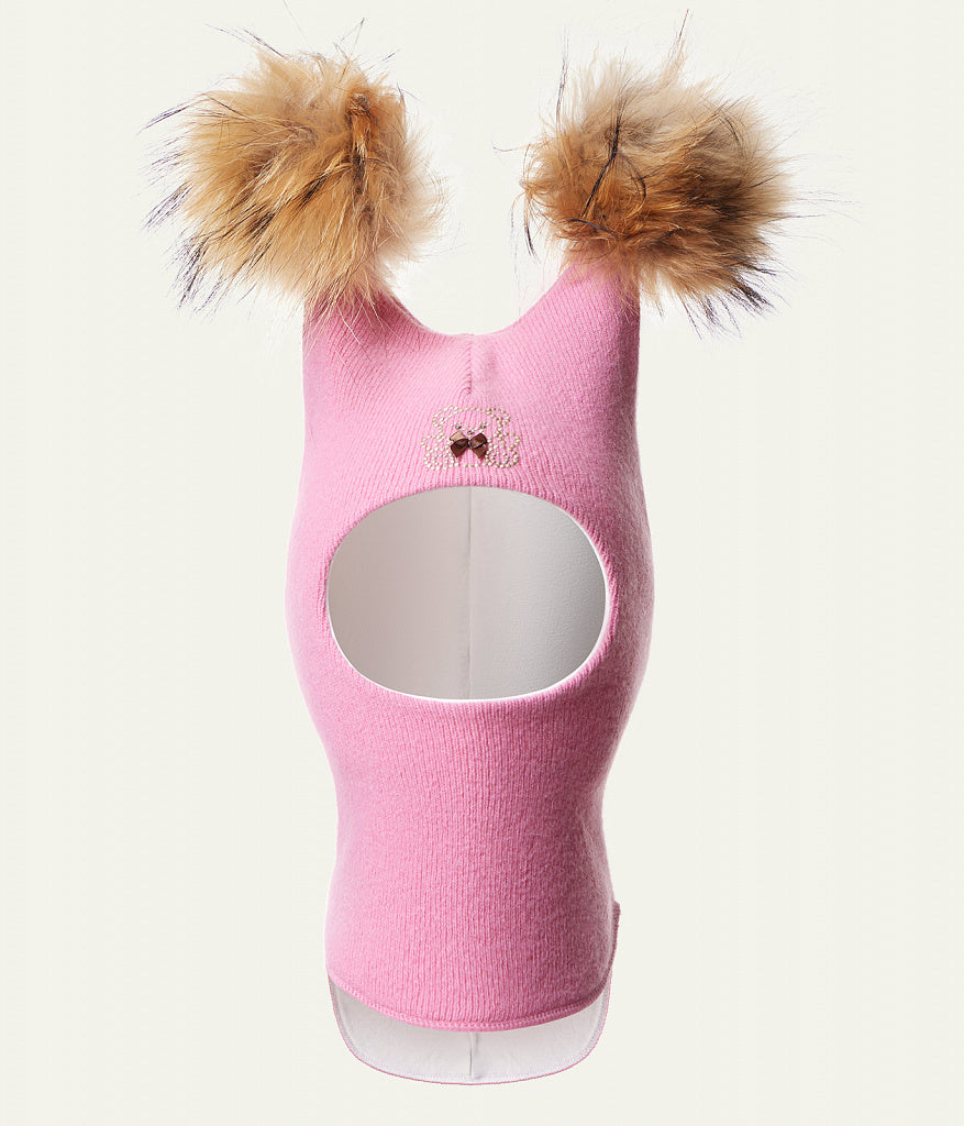 60302 Girls’ Knitted Winter Balaclava with Double Natural Fur Pom-Poms & Teddy Bear Design | 9–18 Months, 18–30 Months, 3–4, 5-6 Years (48–54 cm)
