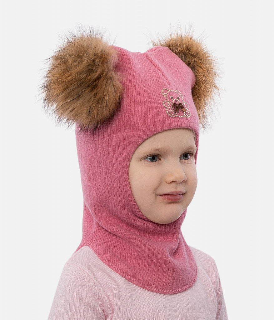 60302 Girls’ Knitted Winter Balaclava with Double Natural Fur Pom-Poms & Teddy Bear Design | 9–18 Months, 18–30 Months, 3–4, 5-6 Years (48–54 cm)