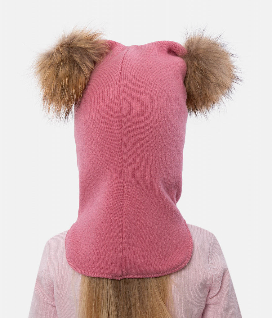 60302 Girls’ Knitted Winter Balaclava with Double Natural Fur Pom-Poms & Teddy Bear Design | 9–18 Months, 18–30 Months, 3–4, 5-6 Years (48–54 cm)
