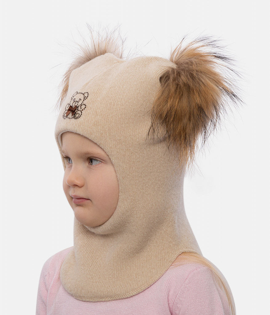 60302 Girls’ Knitted Winter Balaclava with Double Natural Fur Pom-Poms & Teddy Bear Design | 9–18 Months, 18–30 Months, 3–4, 5-6 Years (48–54 cm)