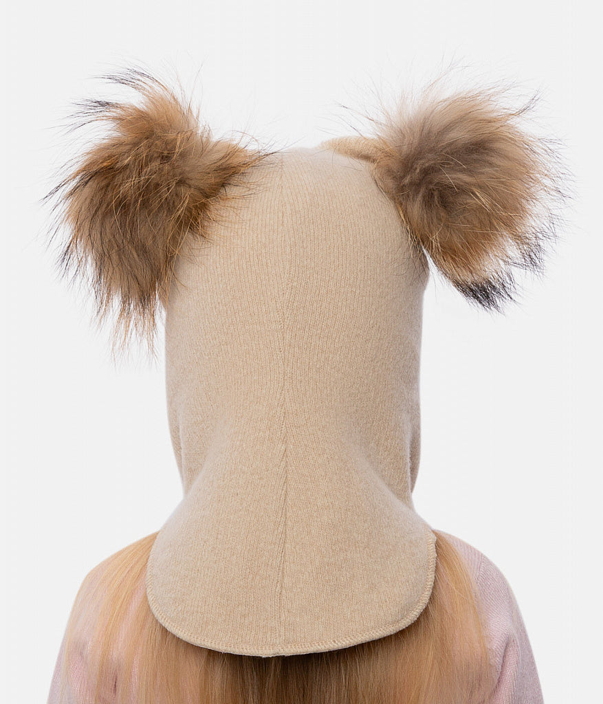 60302 Girls’ Knitted Winter Balaclava with Double Natural Fur Pom-Poms & Teddy Bear Design | 9–18 Months, 18–30 Months, 3–4, 5-6 Years (48–54 cm)